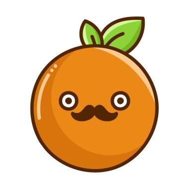 kawaii bıyıklı portakallı meyve çizimi beyaz arkaplanda izole edilmiş.