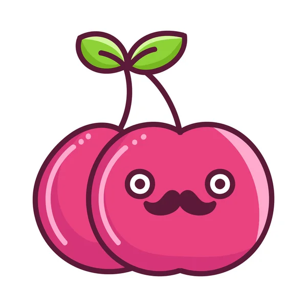 Kawaii Mustache Cherry Fruit Cartoon Illustration Isolated White Background - Stok Vektor