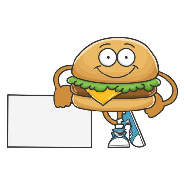 Gülümseyen mutlu peynirli hamburger çizgi film karakteri beyaz arka planda izole