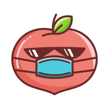 Maske takan kawaii şeftalisi beyaz arka planda izole edilmiş karikatür çizimi