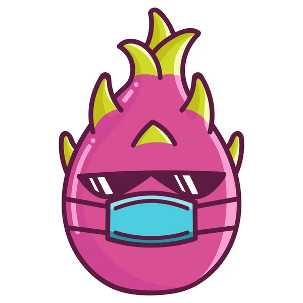 Kawaii Dragon Fruit Wearing Mask Cartoon Illustration Isolated White Background — Stock Vector