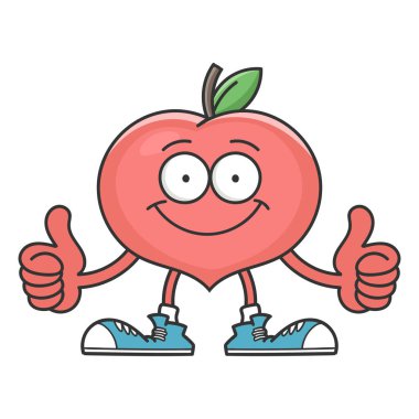 Beyaz arka planda izole edilmiş, gülümseyen şeftali rengi meyve çizgi film karakteri