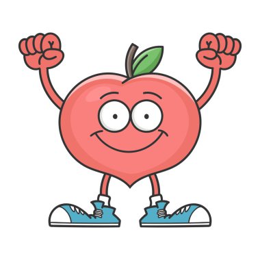 Beyaz arka planda izole edilmiş, gülümseyen şeftali rengi meyve çizgi film karakteri