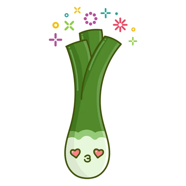 Kawaii Lächelnd Porree Gemüse Cartoon Illustration Isoliert Auf Weißem Hintergrund — Stockvektor
