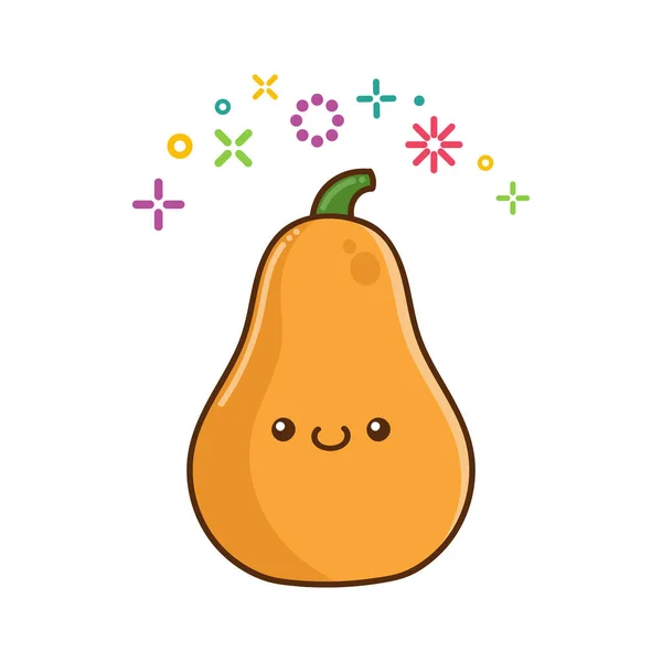 Kawaii Uśmiechnięty Butternut Squash Kreskówka Ilustracja Izolowane Białym Tle — Wektor stockowy