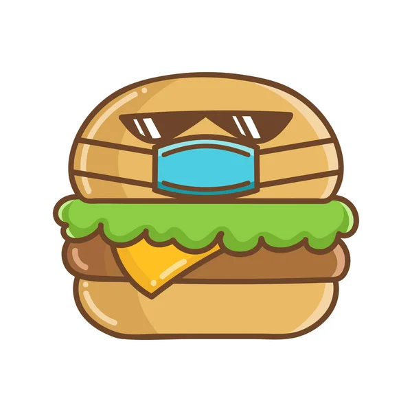 Kawaii Hamburger Visel Védő Arc Maszk Rajzfilm Elszigetelt Fehér Háttér — Stock Vector