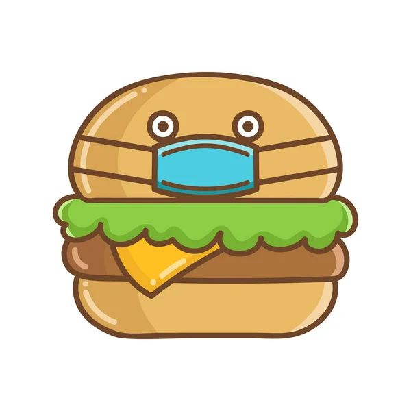 Kawaii Hamburger Mit Schutzmaske Karikatur Isoliert Auf Weißem Hintergrund — Stockvektor