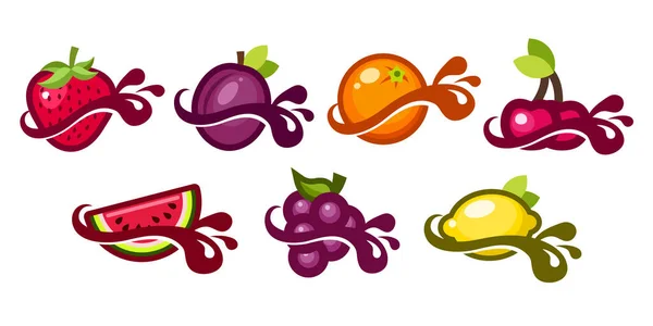 Conjunto Vários Desenhos Ícones Frutas Suco Isolados Fundo Branco — Vetor de Stock