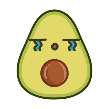 Beyaz arka planda izole edilmiş kawaii üzgün avokado çizimi
