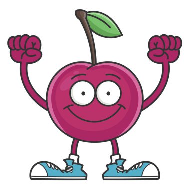 Mutlu, gülümseyen, beyaz arka planda izole edilmiş kiraz ağacı çizgi film karakteri.