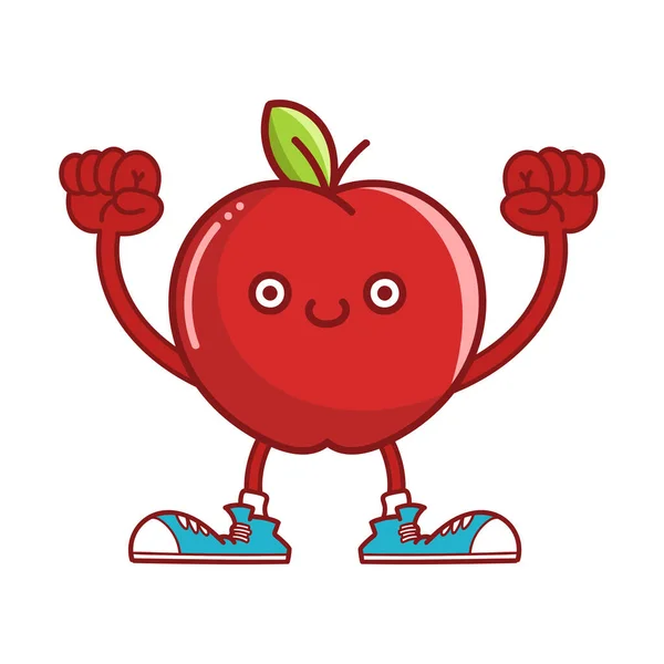 Kawaii Sonriente Fruta Manzana Roja Con Zapatillas Deporte Dibujos Animados Ilustraciones de stock libres de derechos