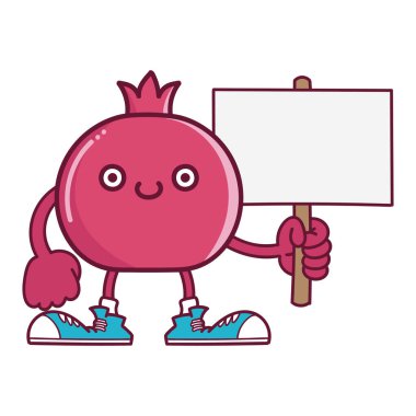 kawaii gülümseyen nar meyvesi ve beyaz arka planda izole edilmiş spor ayakkabı çizgi filmi