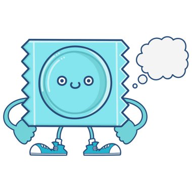 kawaii mavi gülümseyen prezervatif ambalaj ikonu karikatürü beyaz arkaplanda izole edildi