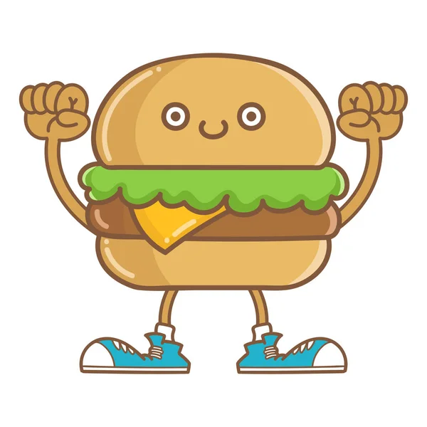 Beyaz Arka Planda Izole Edilmiş Gülümseyen Peynirli Hamburger Ikonu Karikatürü — Stok Vektör