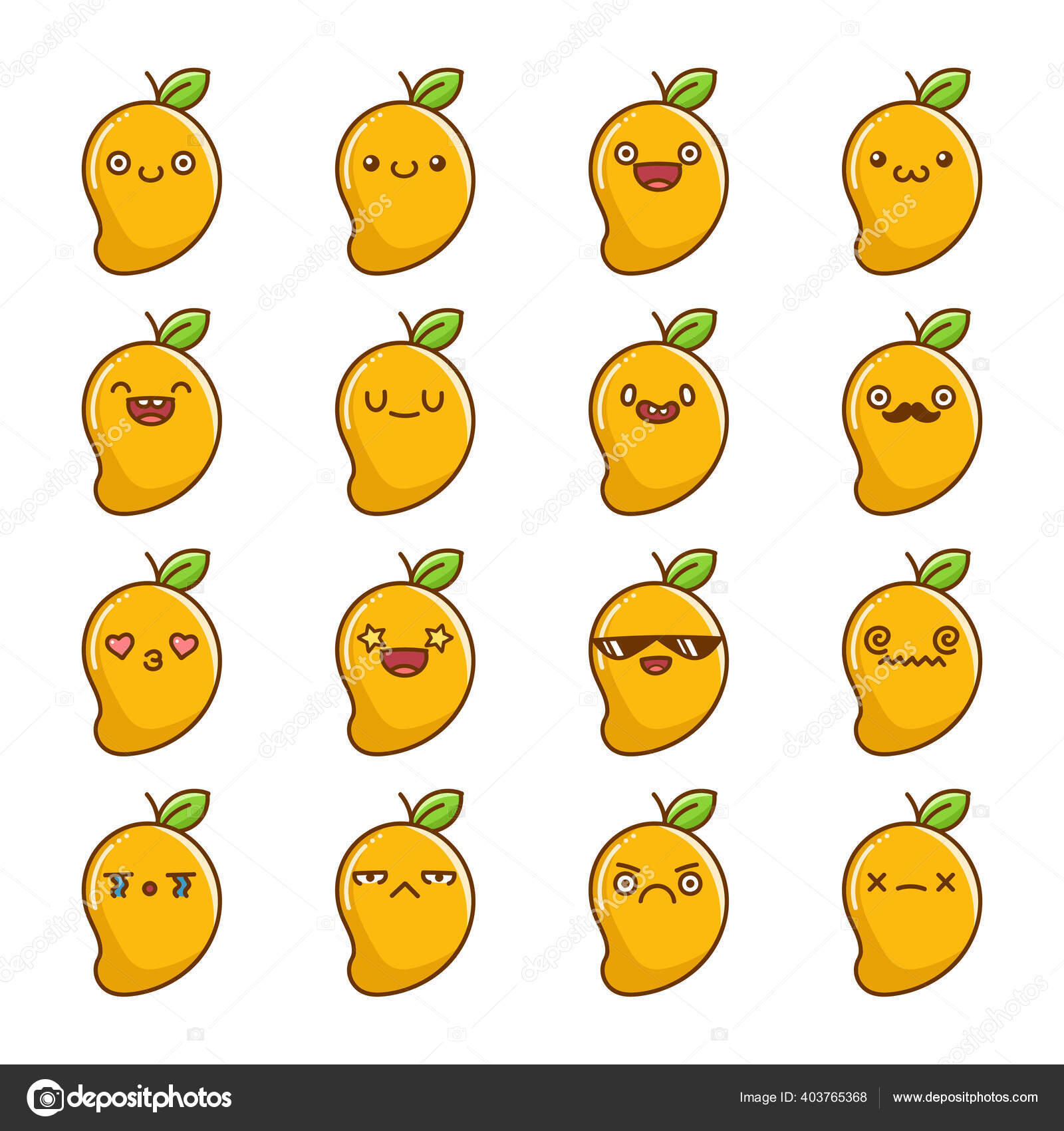 Conjunto de frutas kawaii dos desenhos animados isolado