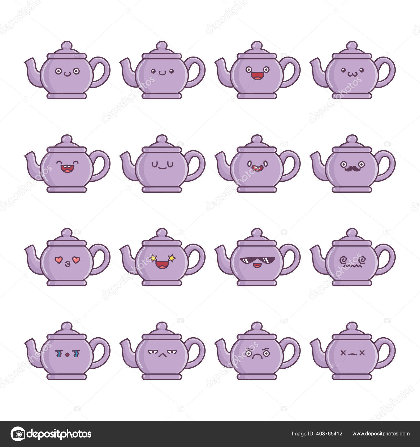 Set Fun Kawaii Kettle Teapot Icon Cartoons Isolated White Background