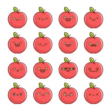 Beyaz arka planda izole edilmiş bir dizi kawaii kırmızı elma meyve ikonu çizgi filmi.