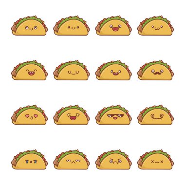 Beyaz arka planda izole edilmiş bir dizi kawaii taco ikonu çizgi filmi.