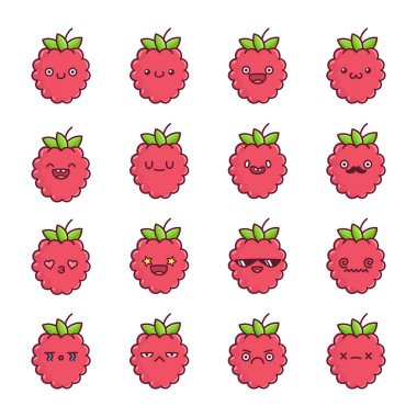 Beyaz arka planda izole edilmiş eğlenceli kawaii ahududu ikonu karikatürleri.