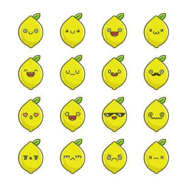Beyaz arka planda izole edilmiş eğlenceli kawaii limon meyve ikonu karikatürleri.