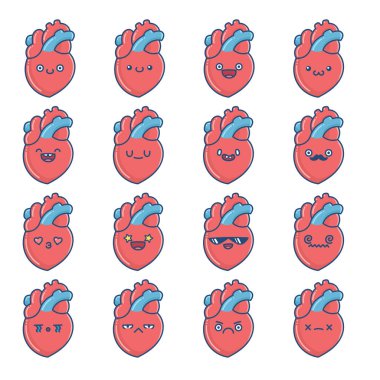 Beyaz arka planda izole edilmiş bir dizi kawaii insan kalbi ikonu karikatürü.