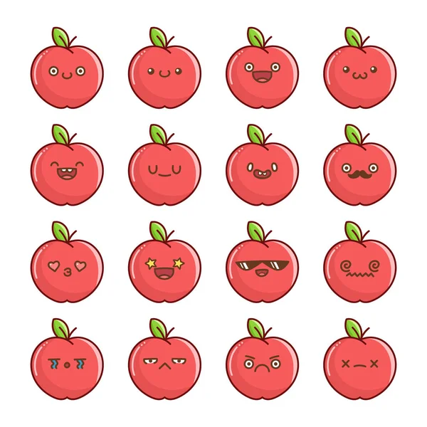 Uppsättning Roliga Kawaii Röd Äpple Frukt Ikon Karikatyrer Isolerade Vit — Stock vektor