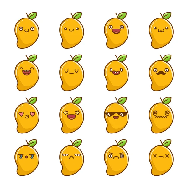 Set Divertenti Cartoni Animati Con Icone Mango Tropicale Kawaii Isolati — Vettoriale Stock