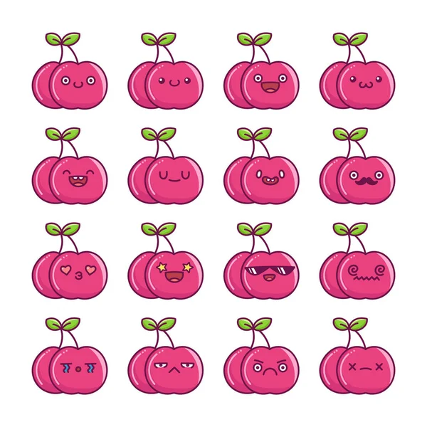 一套有趣的Kawaii樱桃水果图标卡通片 独立于白色背景 — 图库矢量图片