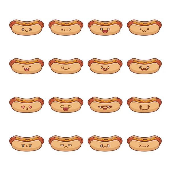 Conjunto Diversión Kawaii Hotdog Icono Dibujos Animados Aislados Sobre Fondo — Archivo Imágenes Vectoriales