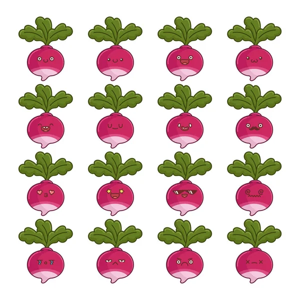 一套有趣的Kawaii萝卜蔬菜图标卡通片 独立于白色背景 — 图库矢量图片