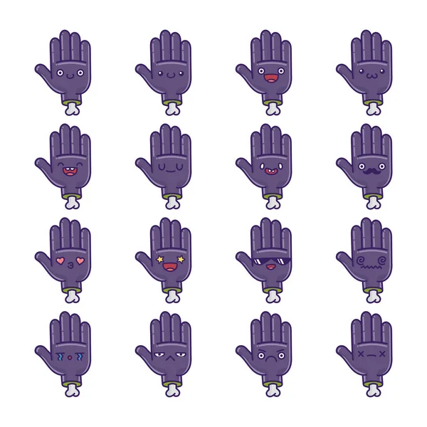 Set Fun Cute Halloween Zombie Hands Icon Cartoons Isolated White — Stock Vector