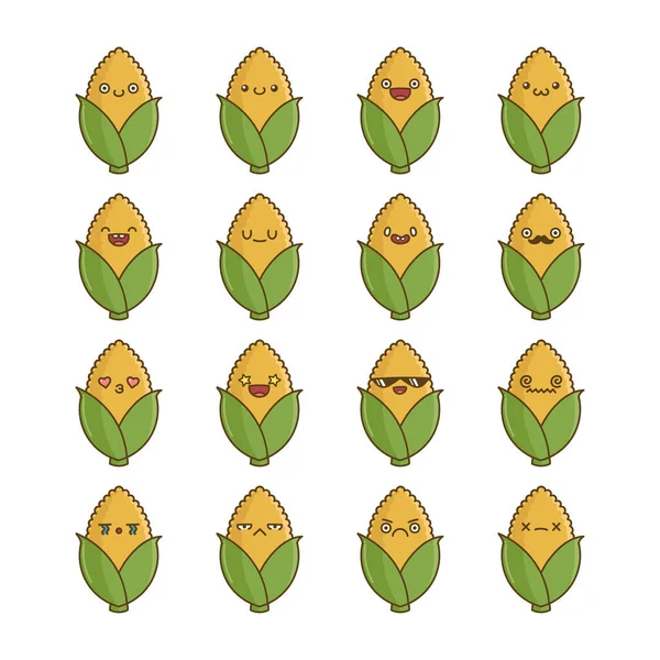 Conjunto Divertido Lindo Maíz Vegetal Icono Dibujos Animados Aislados Sobre — Archivo Imágenes Vectoriales