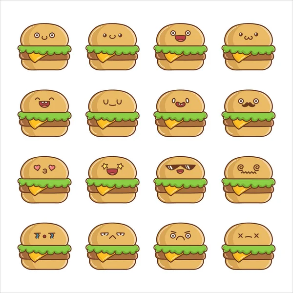 Sada Zábavné Kawaii Sýr Hamburger Ikony Karikatury Izolované Bílém Pozadí Royalty Free Stock Vektory