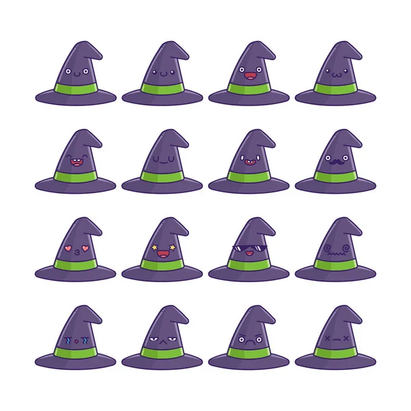 Ensemble Plaisir Mignon Halloween Chapeau Sorcière Icône Dessins Animés Isolés Illustration De Stock