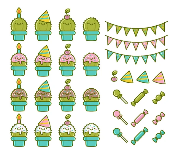 Conjunto Diseños Elementos Cactus Fiesta Cumpleaños Aislados Sobre Fondo Blanco — Vector de stock