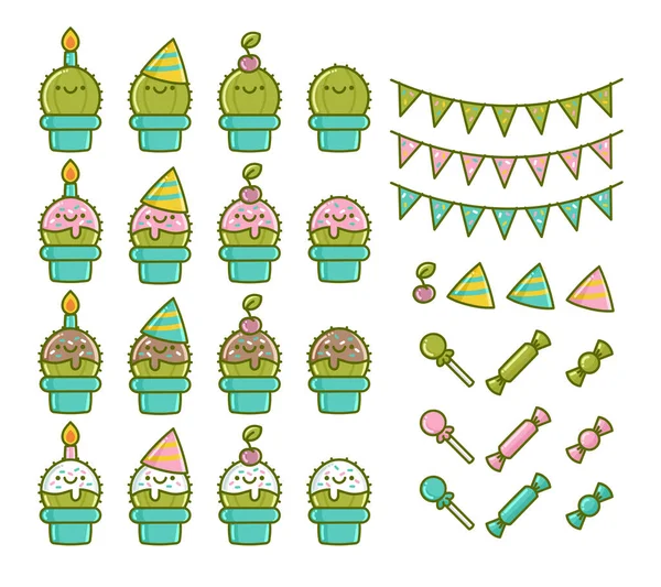 Set Birthday Party Cactus Element Designs Isolated White Background Stock Vector