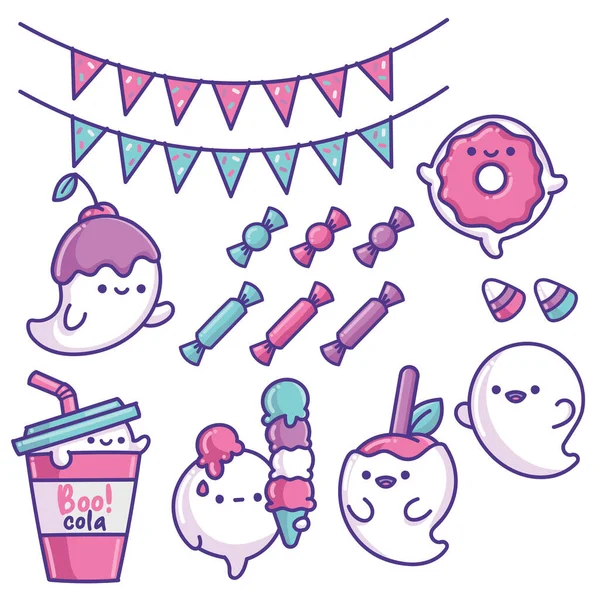 Set Fun Kawaii Donut Halloween Ghost Candy Birthday Party Elements Vector Graphics