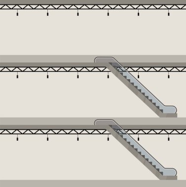 Bir bölümü bu binada. Üç kat. Yürüyen merdiven