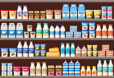 Süt ve süt ürünleri ile counter. Süpermarket