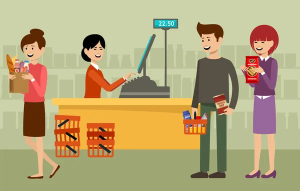 Caisse dans un supermarché et les gens avec des achats — Image vectorielle