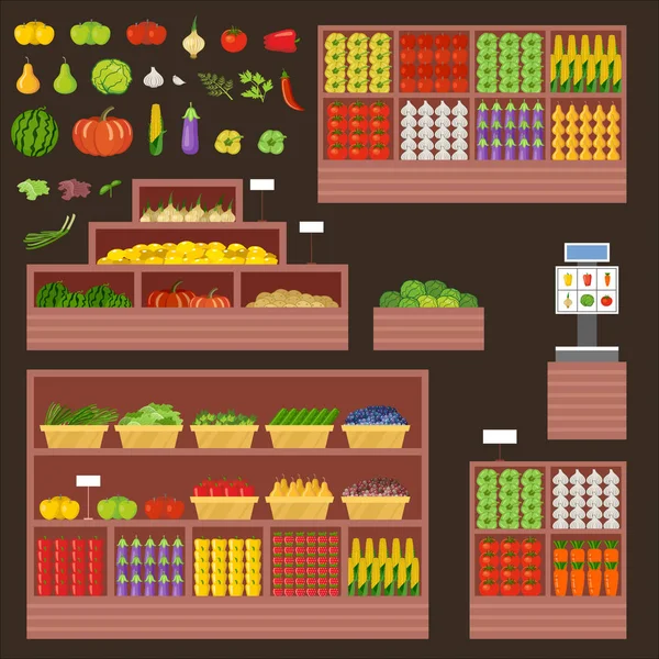 Mobiliário para loja de legumes e frutas. Contador, janela de exibição — Vetor de Stock