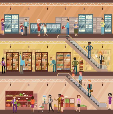 Büyük süpermarketteki insanlar. Sebze ve meyve. Süt ürünleri. Içecek -ler. Vektör çizimi