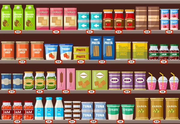 Supermarket, półki z produktami i napoje — Wektor stockowy