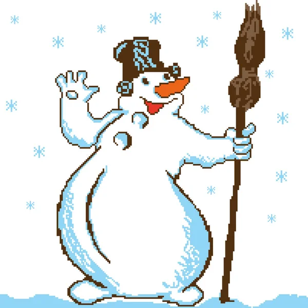 Ein Schneemann Fröhlich Mit Einem Besen Auf Einem Hintergrund Mit — Stockvektor