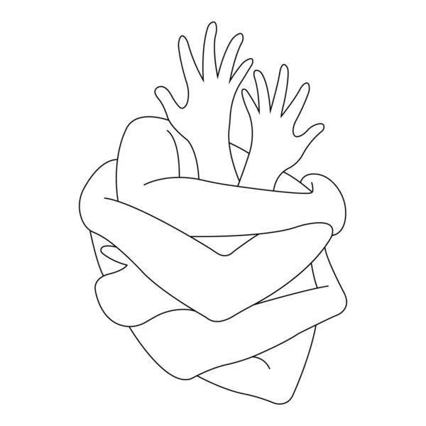 Mnohé Ruce Objímají Silueta Podobá Lidskému Srdci Koncept Lásky Vztahů — Stockový vektor