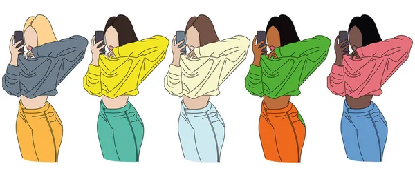 Conjunto Meninas Diferentes Nacionalidades Posando Telefone Tirar Selfies Blusas Coloridas — Vetor de Stock