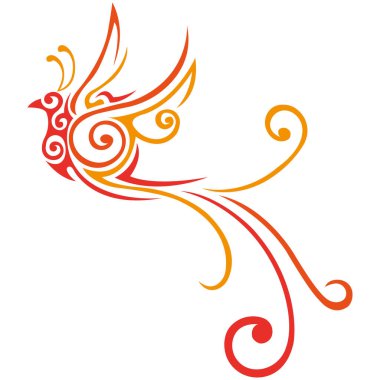 Kırmızı-turuncu ateş kuşu çeşitli süslü çizgilerle düz bir şekilde çizilmiş. Tasarım, logo, dövme, rozet, tişört veya giysilerdeki parmak izi, amblem, maskot, albüm, rozet, kağıt için kullanılabilir. Vektör izole edildi 
