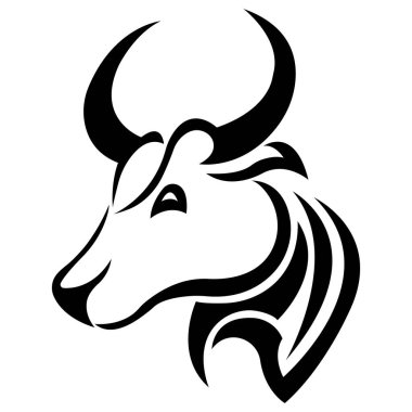 Siyah boğa başı yakın plan. Tasarım, logo, dövme, rozet, tişört veya giysilerdeki hayvan baskısı, takvim, amblem, maskot, albüm, rozet, kağıt için kullanılabilir. Vektör izole illüstrasyonu