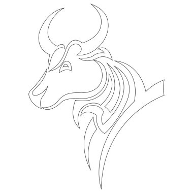 Bufalo kafasının kontur çizgileri. Tasarım, logo, boyama kitabı, dövme, rozet, tişört veya giysilerdeki hayvan baskısı, takvim, amblem, maskot, albüm, rozet, kağıt için kullanılabilir. İzole vektör