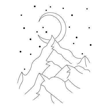 Mountain landscape mountains moon stars. Minimalism style. The design can be applied to travel agencies, gotels, mountaineering clubs, logo, tattoo, mascot, symbol, emblem, print. Isolated vector